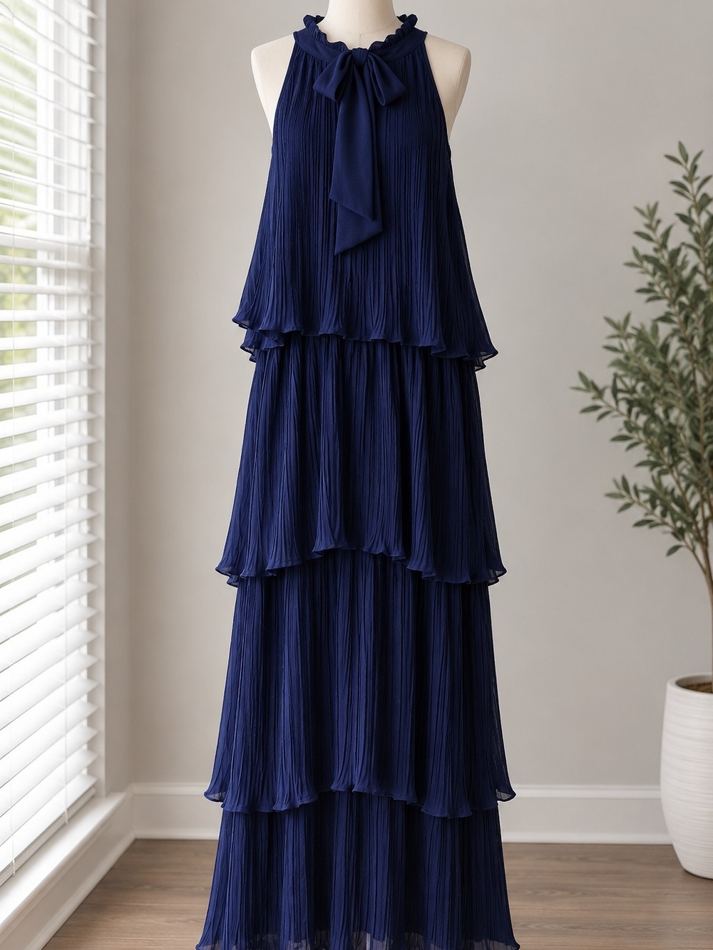 Tiered Navy Pleated Maxi Skirt - Women's Elegant Evening Skirt